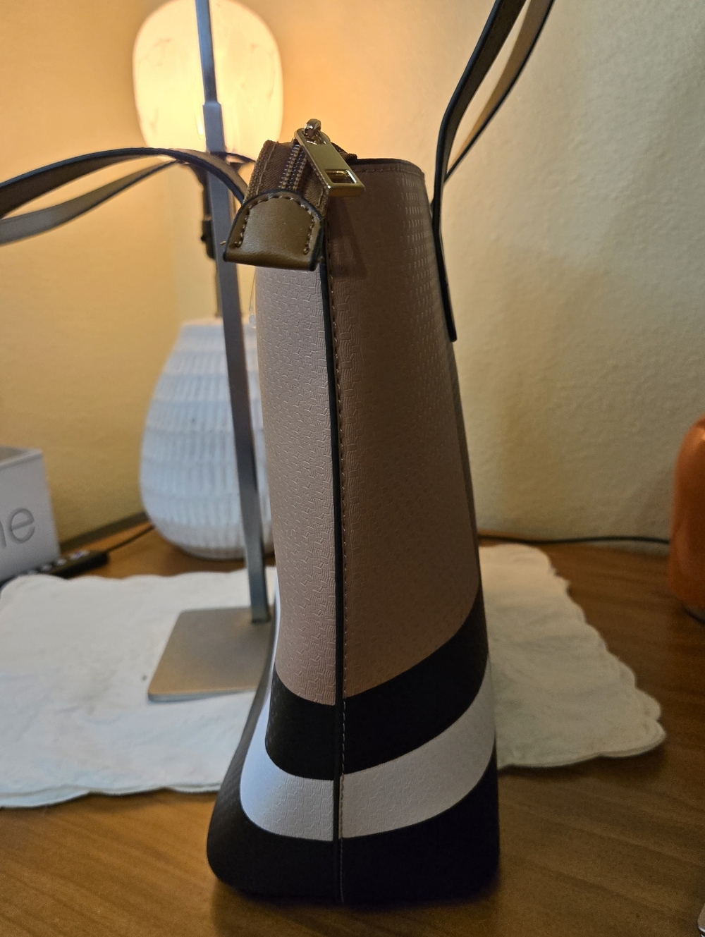 Deluxity Like New Taupe and Black Stripe Tote Bag with Gold Emblem - Picture 5 of 11